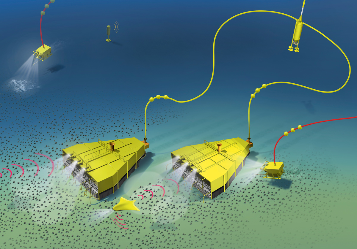 Fig. 5. Two self-propelled collectors are winning manganese nodules from the seabed. The crushed nodules are pumped via flexible pipes to a temporary storage they both share (top right), from where the ore-water composite is pumped via tubing to the productionship. Source/Quelle: M.H. Wirth.
