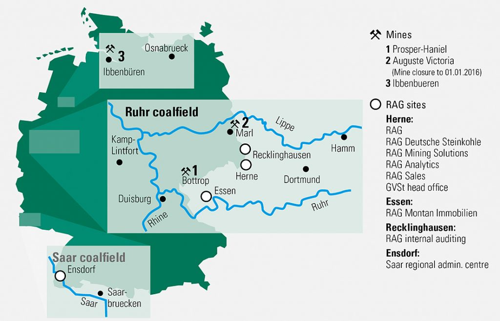 Fig. 1. Map showing the coalfields of the Ruhr, Saar and Ibbenbüren. // Bild 1. Karte der Steinkohlenreviere Ruhr, Saar und Ibbenbüren. Source/Quelle: GVST